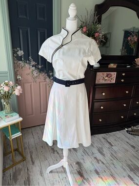 White Midi Dress with Black Trim and Belt